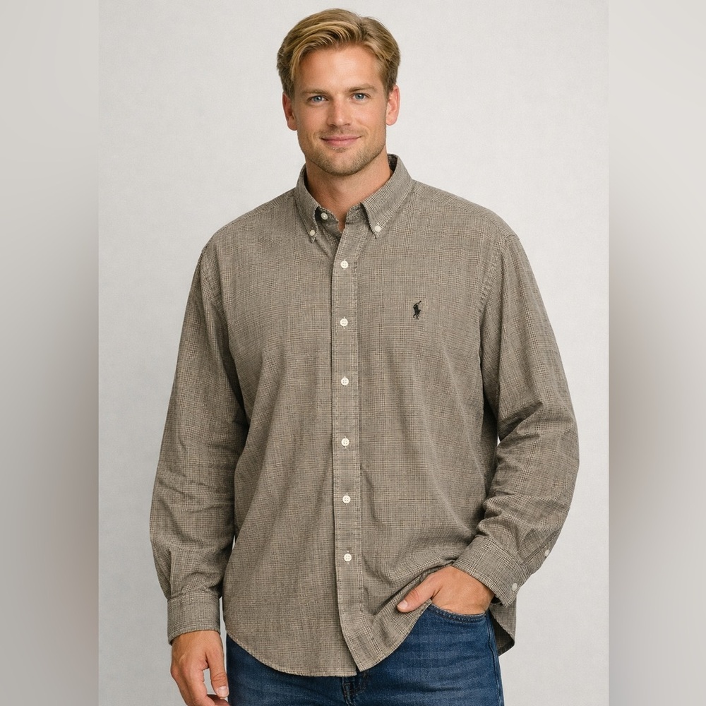 Vintage 90s Ralph Lauren Golf Men's Large‎ Button Down Brown Plaid Tilden Shirt